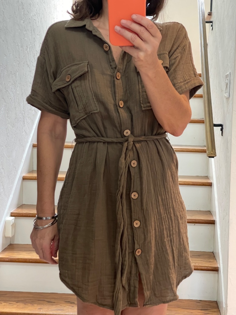 Forever 21 kaki green cotton gauze short sleeves shirt dress women S